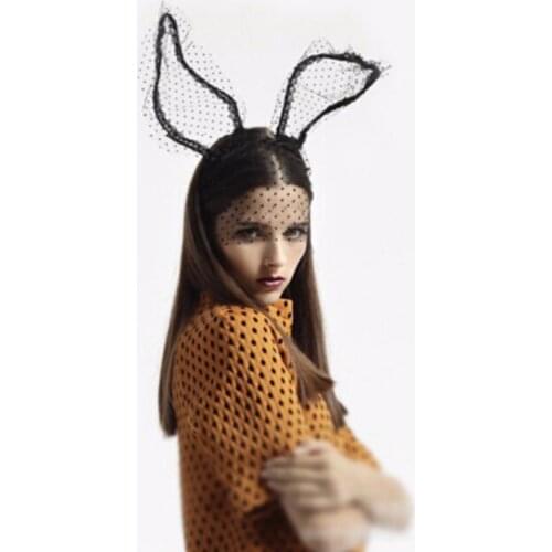 Fashion Women Girl Hairbands Lace Rabbit Bunny Ears Veil Black Eye Mask Halloween Party Headwear Hair Accessories 1 Pc