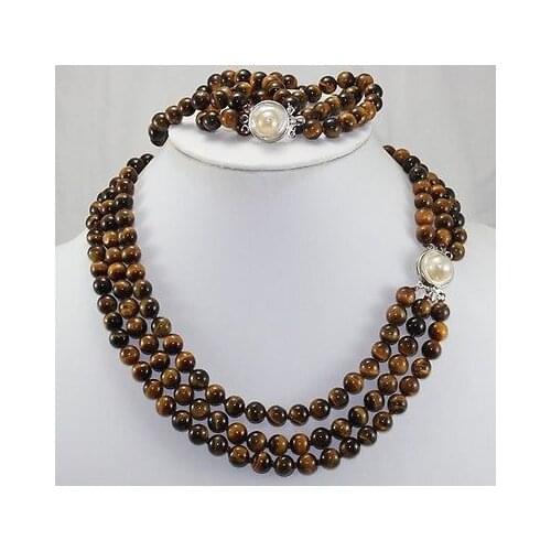 Nobility Lucky Womens Design Natural 6MM Tiger Eye Stone Brecelet & 17-19CM Necklace 43-50CM Jewelry Set Hook