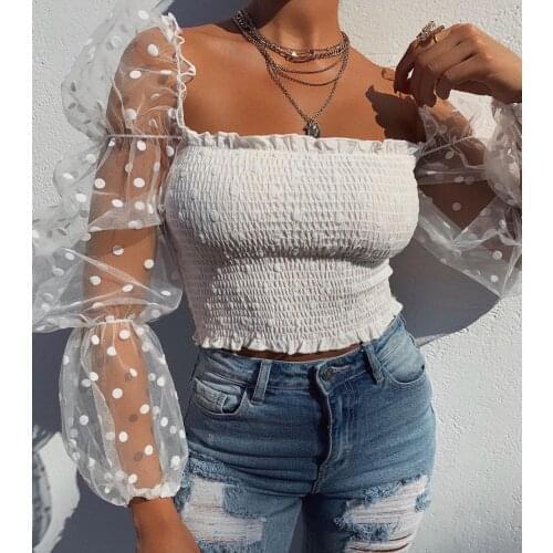 Hirigin Going Out Highstreet Black Mesh Flare Sleeve Top 2019 Summer Casual Women Blouse