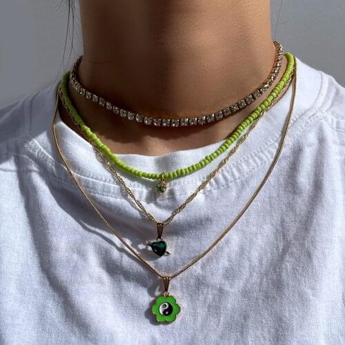 Lovely Green Crystal Heart Rice Beads Choker Boho Multilayer Glazed Flowers Clavicle Chain Necklaces For Women Summer Jewelry