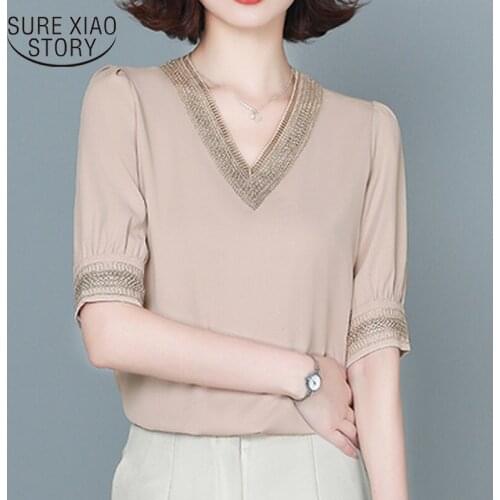 Office Lady Solid V-neck Blouse Women Summer Embroidery Short Sleeve Casual Silk Satin Shirts Plus Size Loose Tops Clothes 13460