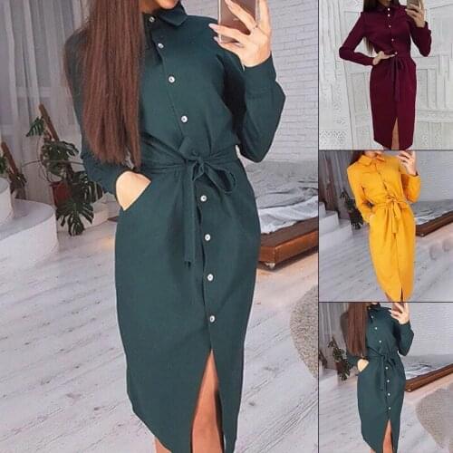 Autumn Winter Women Long Sleeve Shirt Dress 2021 Fashion Casual Turn Down Collar Elegant Button Ruched Bandage Mid Dress Vestido