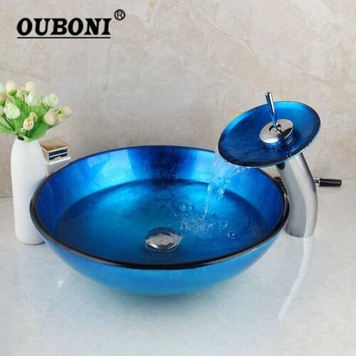 OUBONI Art Hand-Painting Blue Bathroom Vessel Sink Set Vanity Waterfall Faucet Tap Combo Glass Vessel Basin Faucet & Pop Drain