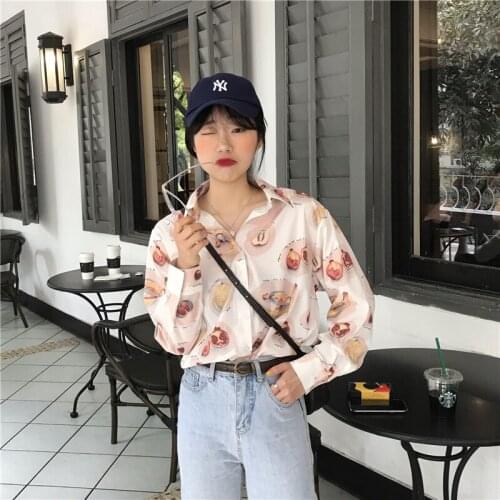 Fruit Print Loose Long Sleeve Shirt Womens Shirts Kawaii Girl Ulzzang Lady Ulzzang Harajuku Ins Top For Women Female Casual