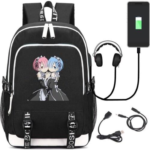 Re Life in a different world from zero USB Backpack School Bookbag Kids Teens Laptop Travel Shoulder Bag Cartoon Game Bags