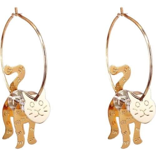 New Metal Animal Cute Stereo Shaking Cat Earrings 39mm * 8mm Girls Kawaii Kitten Hoop Earrings For Women Fashion Jewelry Gifts