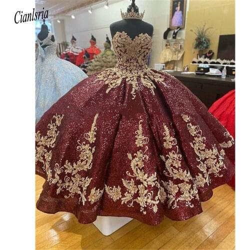 Dark Red Sparkly Tulle Sleeveless Ball Gown Quinceanera Dresses Gold Floral Appliques Sweet 16 Prom Dress vestidos de 15 años