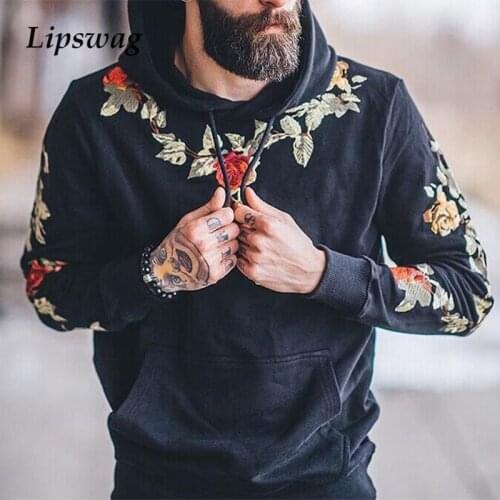 Vintage Floral Embroidery Hoodie Sweatshirt Men 2021 Spring Fashion Drawstring Hooded Pullover Casual Male Autumn Streetwear 3XL