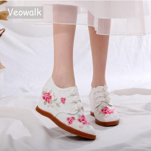 Veowalk 7cm Hidden Platform Women Jacquard Hi Sneakers Flowers Embroidered Ladies Casual Comfortable Increasing Shoes
