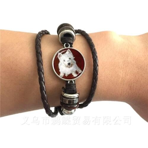 Siberian Husky Dog Bracelet Vintage Fashion Glass Multilayer Black/Brown Leather Bracelet Adjustable Bangles Jewelry Handmade