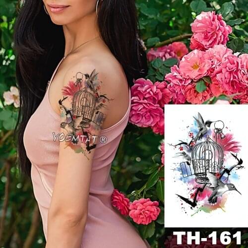 Waterproof Temporary Tattoo Sticker Birdcage Key Pattern Water Transfer Watercolor Flower Brid Body Art Flash Fake Tatoo