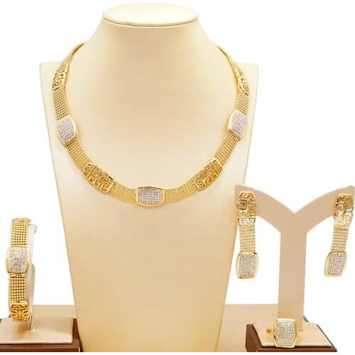 Yulaili Trendy Wedding Jewelry Sets Square Metal Rhinestones Necklace Earrings Bracelet Ring for Women Jewellery Free Shipping