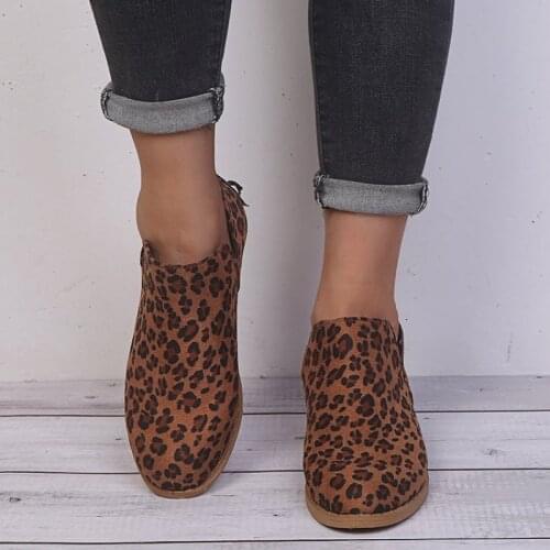 2021 Winter New Women Fashion PU Leather Flat Bottom Leopard Boots Round Head Back Zipper Popular Casual Women Boots
