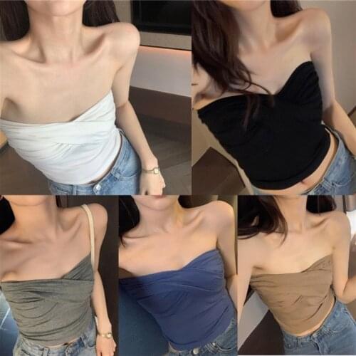 Anti-exposure Tube Women Fashion Sexy Base Tops Female Summer Underwear Fold Wrinkles Off-shoulder Show Chest Camis Tanks