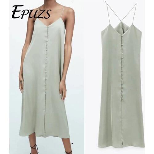 Za 2021 vintage Green Midi Satin Dress Women Summer Long Dress Elegant V Neck Backless Sexy Slip Party Dresses