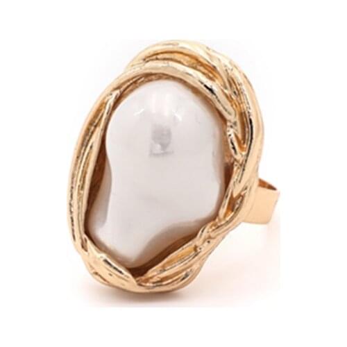 SRCOI Gold Color Metal Irregular Imitation Pearl Open Ring 2019 New Hot Sale Pearl Simple Ring For Women Party Wedding Jewelry