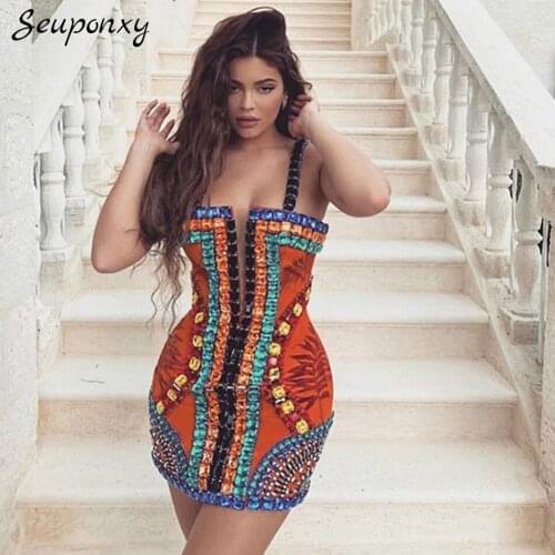 High Quality Beaded Bodycon Bandage Dress 2021 Summer Sexy Spaghetti Strap Backless Elegant Women Celebrity Party Dress Vestidos