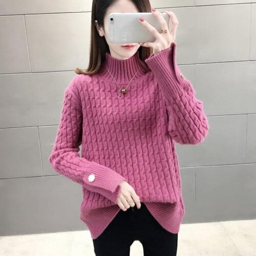 Winter Acrylic Womens Sweater Turtleneck Long Sleeve Pullover Button Knitted Solid Thick Korean Style Fashion Casual Sweater
