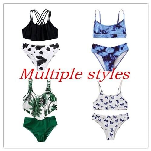 2021 Kids Swimwear For Girls Plant Multiple Styles Cows Print Swimsuit Bathing Beach Cute Two-piece Swimsuit 8-14y Badpak Meisje