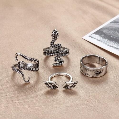 4Pcs New Retro Punk Exaggerated Spirit Snake Ring Fashion Personality Wing Feather Opening Adjustable Ring Jewelry For Gift