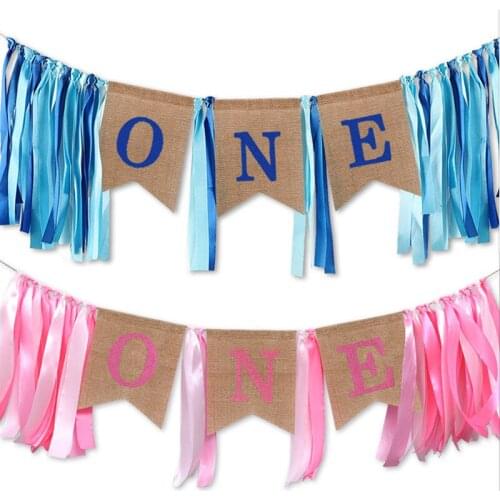 1set Blue Pink Number One Banner Girl Boy 1st Birthday High Chair Baby Shower Birthday Party Decorations Supplies