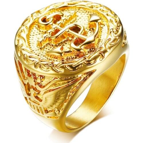 Big Round US Navy Anchor Ring Gold Color Stainless Steel Eagle Badge Men Rings Hip Hop Rock Jewelry