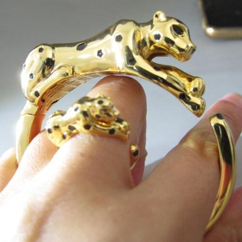 Black spots Leopard cuff bangle with Ring Panther bracelet for Women or men Designer Copper Fashion Party jewelry set