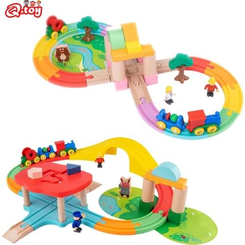 DIY Wooden Train Track with Scene Dolls Track Wooden Railway Track Building Block Train Track Set Educational Toys for Kids