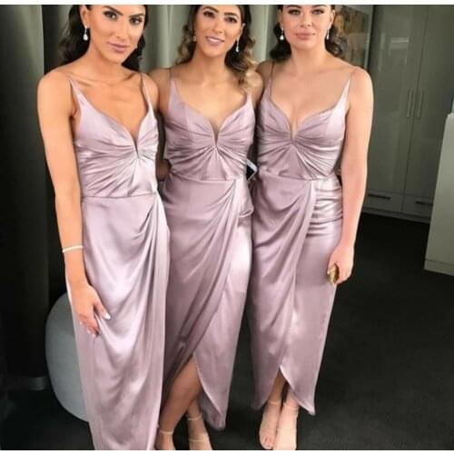 Elegant Pleated Top Long Pink Bridesmaid Dresses with Slit Custom Made Criss Cross Back Satin Formal Wedding Party Dresses