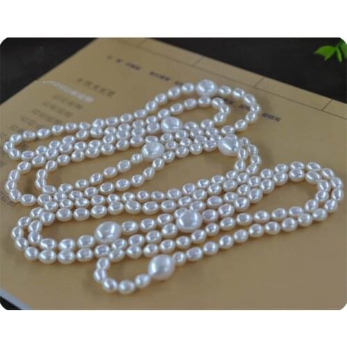 Hot sell natural 6x7mm 9x10mm 120cm white freshwater rice pearl sweater chain long style necklace support custom fashion jewelry