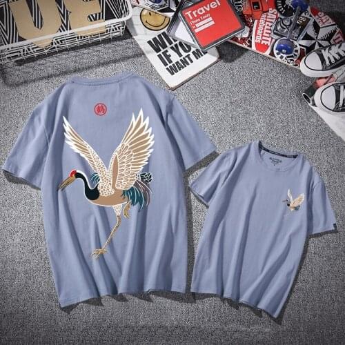 Harajuku Summer Crane Print Brief Man Tee Shirt Chinese Style Casual 2021 Hot Sale Hip Hop Clothes All-Match Black Streetwear