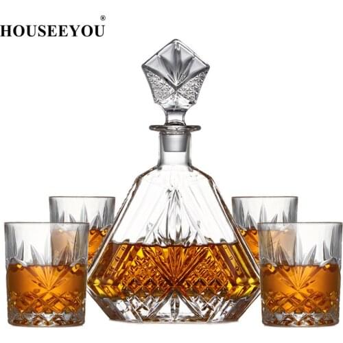 HOUSEEYOU Luxury Lead Free Crystal Wine Glasses 1 Diamond Decanter + 4 Engraving Whisky Cups Collection Clear Bar Tool Sets