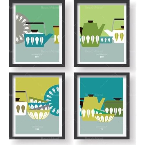 Catherine Holm Kitchen Art Print, Set of 4 Prints - Scandinavian Kitchen Print, Cathrineholm Poster Prints, Mid Century Modern K