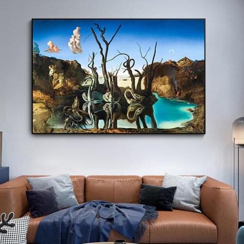 Salvador Dali Swans Reflecting Elephants Canvas Painting Abstract Posters and Print Wall Art Picture Living Room Decor Cuadros
