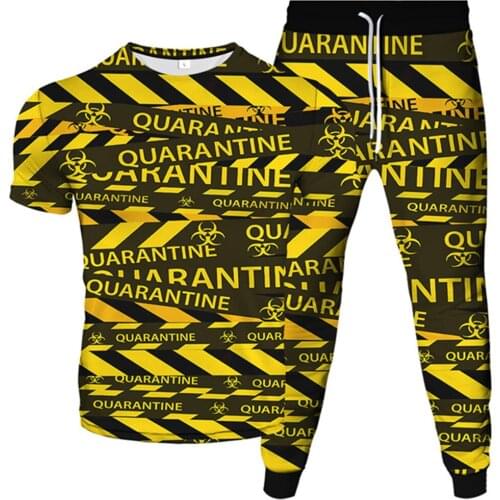 Men Women Tracksuit Outfits Letters Warning Danger Crime Sceene Do Not Cross Quarantine Print T-Shirt+Trousers 2pcs Sets Clothes