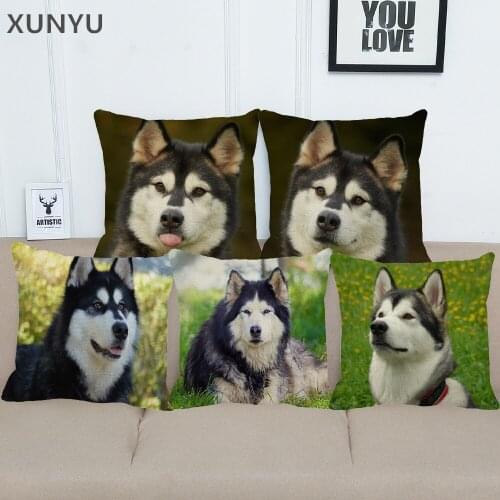 XUNYU Cute Malamute dogs Linen Cushion Cover Animal Pattern Decorative Pillowcase Home Sofa Square Pillow Cover 45x45cm AC019