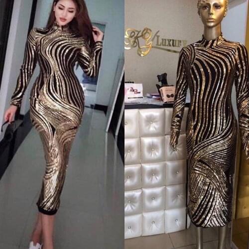 Fashion Sexy Wrap DressLong Sleeve Sequin Striped High Neck Long Ladies Dresses Vestido De Mujer Black Party Night Club Gowns