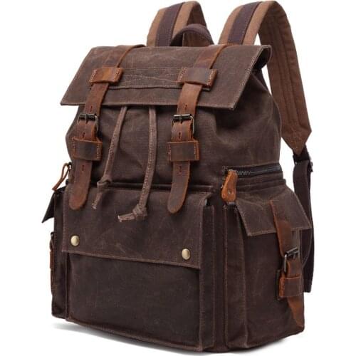 VZVA Mens Backpack Mens Canvas Backpack oil Wax Canvas bag Outdoor Travel Backpack Waterproof Wrazy Horse Leather Mens bag