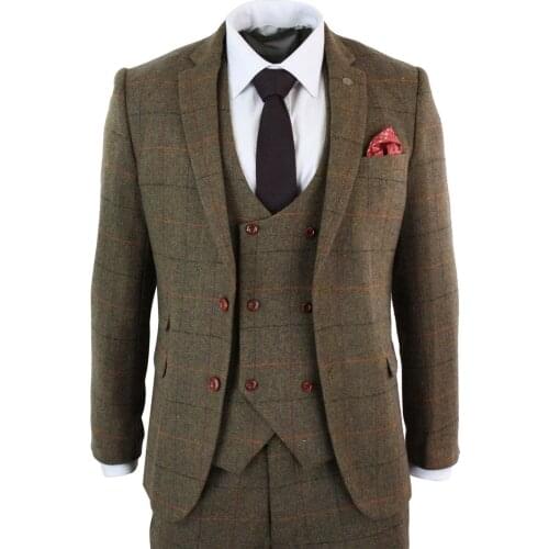 Mens 3 Piece Herringbone Brown Check Suit Tailored Fit Double Breasted Waistcoat