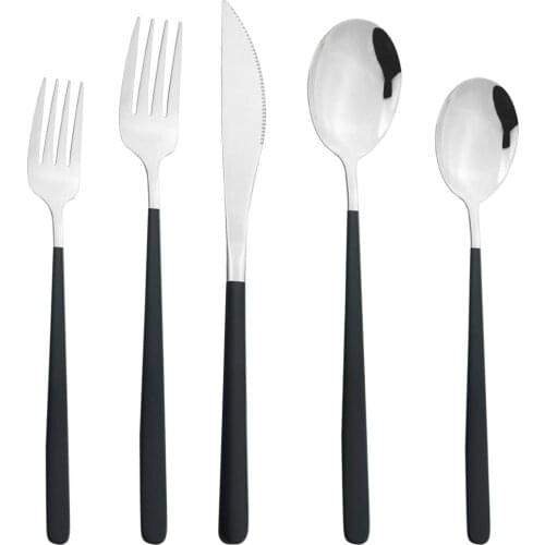 5Pcs/Set Black Silver Dinnerware Set Knife Fork Spoon Flatware Set 304 Stainless Steel Cutlery Set Western Kitchen Tableware Set