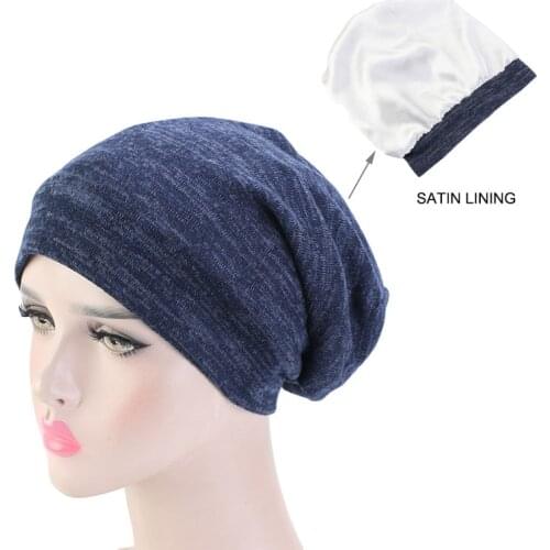 New Women India Muslim Stretch Turban Hat Premium jersey Islamic Sleep Cap Slap Beanie bonnet Satin Silk Lined Cancer chemo cap