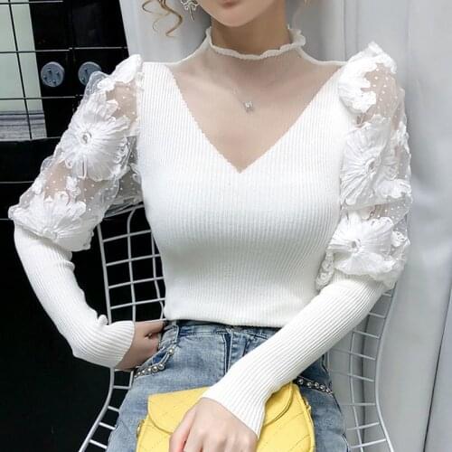 2021 New Fashion Autumn Winter Sweater bottoming shirt Lantern sleeve Women Pullovers stitching Flower Mesh Lace Tops