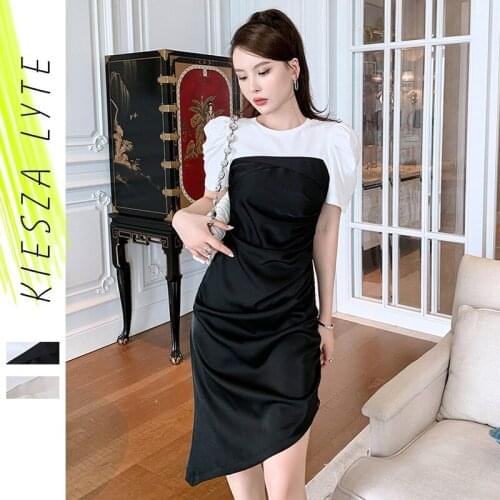 New Summer Dress Acetate Satin Patchwork Short Sleeve Fold Slim Dresses 2021 Womens Wear
