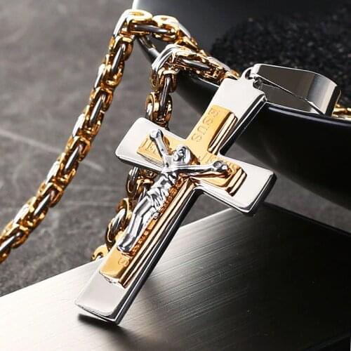 Catholic Personality Jesus Christ Cross Necklace Square Metal Pendants Long Chain Gold Silver Color Crucifix Cross Necklace