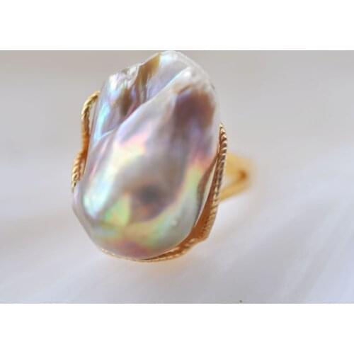 P7443 24mm Peacock-Lavender Baroque Reborn Keshi Pearl Ring