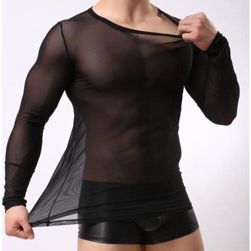 Sexy Transparent Sheer See Through Mesh Long Sleeve T Shirt Men Undershirt Fitness Slim Workout Bodybuilding Tee Shirt Homme