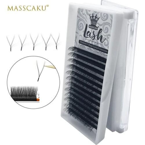 MASSCAKU sell 100% handmade Y-shape fluffy deep black 8-15mm eyelash extensions 0.05 0.07 volume for large yy eyelashes