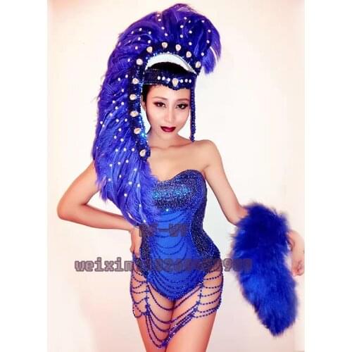 Bar and nightclub singer ds sexy sapphire big feather hat with beads of cultivate ones morality dress combination suitable for