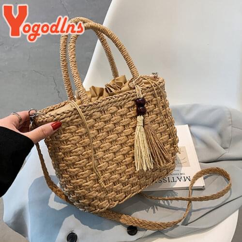 Yogodlns Fashion Tassel Straw Bag Women Large Capacity Handmade Handbag Summer Woven Shoulder Beach Bag Rattan Crossbody Bag sac
