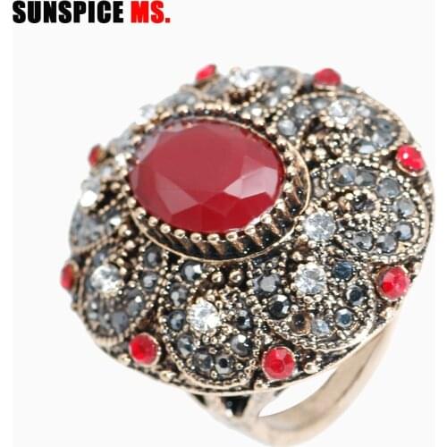 SUNSPICE MS Hot Vintage Wedding Rings For Women Retro Gold Color Mosaic Crystal Natural Stone Fashion Turkey Jewelry Love Gift